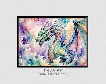 Watercolor Dragon 1, Oil Painting, Art Print, Art Decor, Printable Wall Art, Instant Digital Download