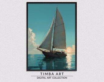 Sailing Into Serenity, Oceanscape Printable Wall Art, Vintage Oil Painting, Wall Decor