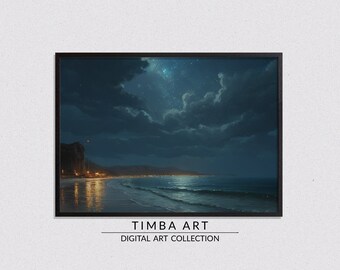 Beach At Night v2, Landscape Printable Wall Art, Vintage Oil Painting, Wall Decor