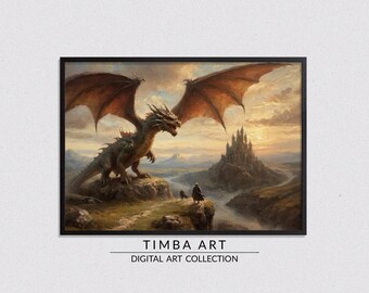 Medieval Fantasy, Landscape Printable Wall Art, Vintage Oil Painting, Wall Decor, Castle, Game of Thrones inspired, Dragon