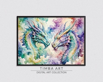 Watercolor Dragons, Oil Painting, Art Print, Art Decor, Printable Wall Art, Instant Digital Download
