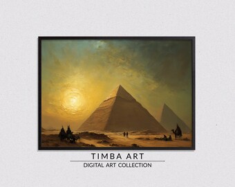 Majestic Pyramids, Landscape Printable Wall Art, Vintage Oil Painting, Wall Decor