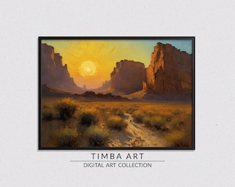Desert Sunset, Landscape Printable Wall Art, Vintage Oil Painting, Wall Decor