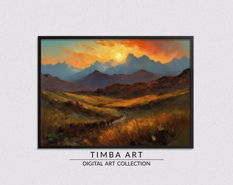 Fiery Sky, Landscape Printable Wall Art, Vintage Oil Painting, Wall Decor