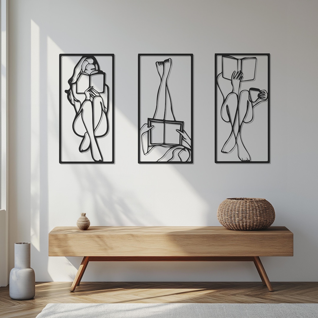 Minimalist Metal Wall Art, Set of 3 Reading Woman Decor Panels, Modern ...