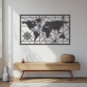 Moderna mappa del mondo in metallo da parete - Grande decorazione da parete in metallo, mappa del mondo per soggiorno, decorazione da ufficio, arte per la casa, arte da parete in metallo nero
