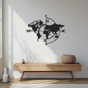 Weltkarte Kompass Metall Wandkunst, schwarze Abenteuer Wanddekoration, Fernweh-inspirierte Metall Kunst für Reiseliebhaber, moderne Wandbehang