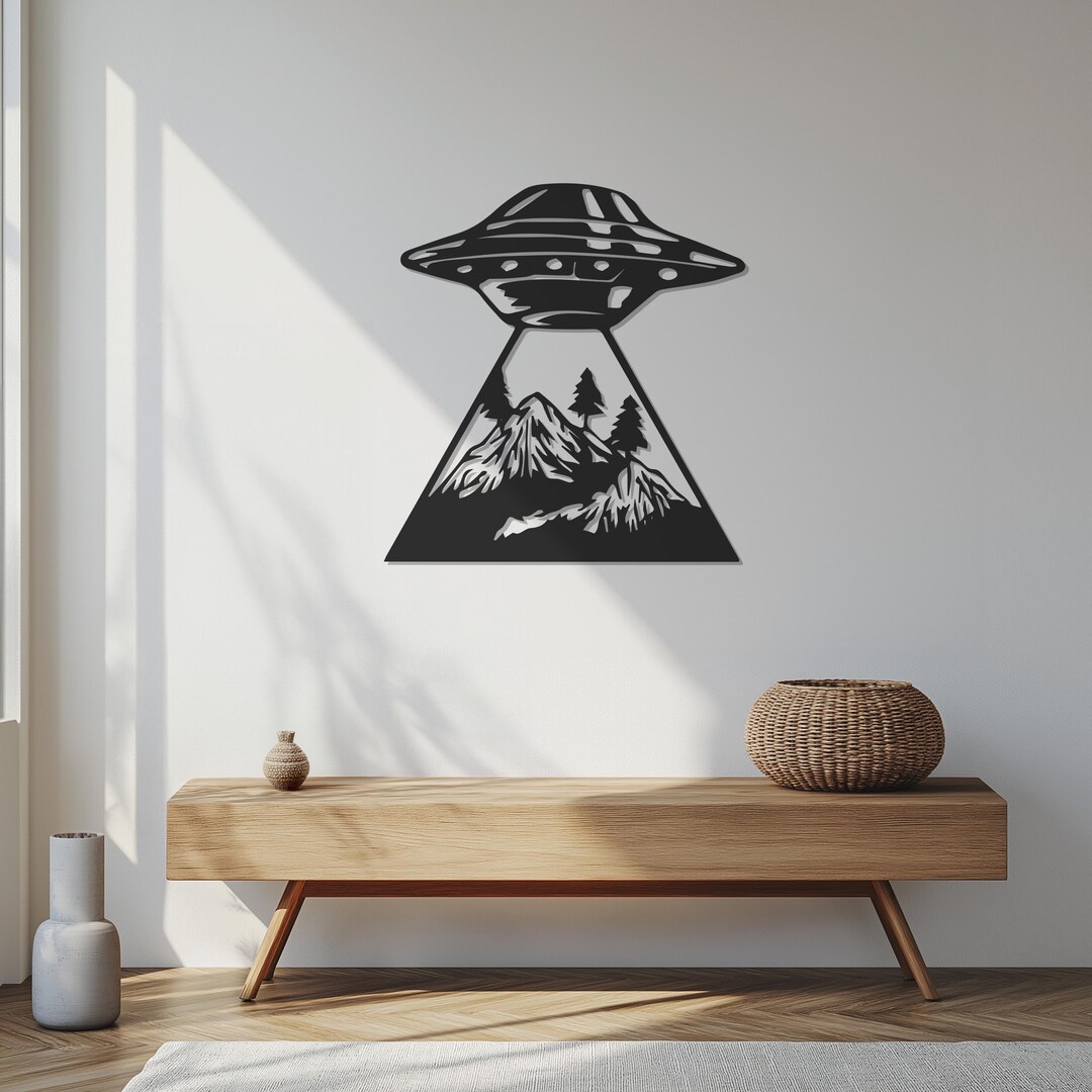 UFO Wall Art Metal Decor, Alien Spaceship Mountain Scene, Modern Rustic ...