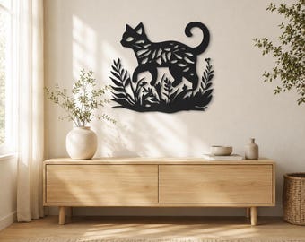 Metal Cat Wall Art, Black Cat Silhouette, Nature Cat Metal Decor, Modern Wall Hanging, Cat Lover Gift, Animal Wall Decor, Rustic Home Art