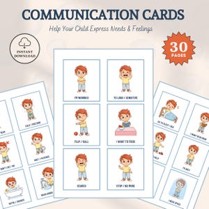 May include: Communication cards with illustrations of children expressing needs and feelings. The cards include phrases like "I'm worried," "Play/Ball," and "I want to food." The image also includes the text "Instant Download" and "30 Pages."