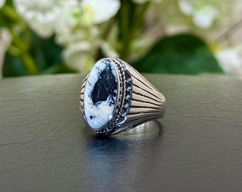 White Buffalo Turquoise Sterling Silver Ring - Oval - Size 12.5