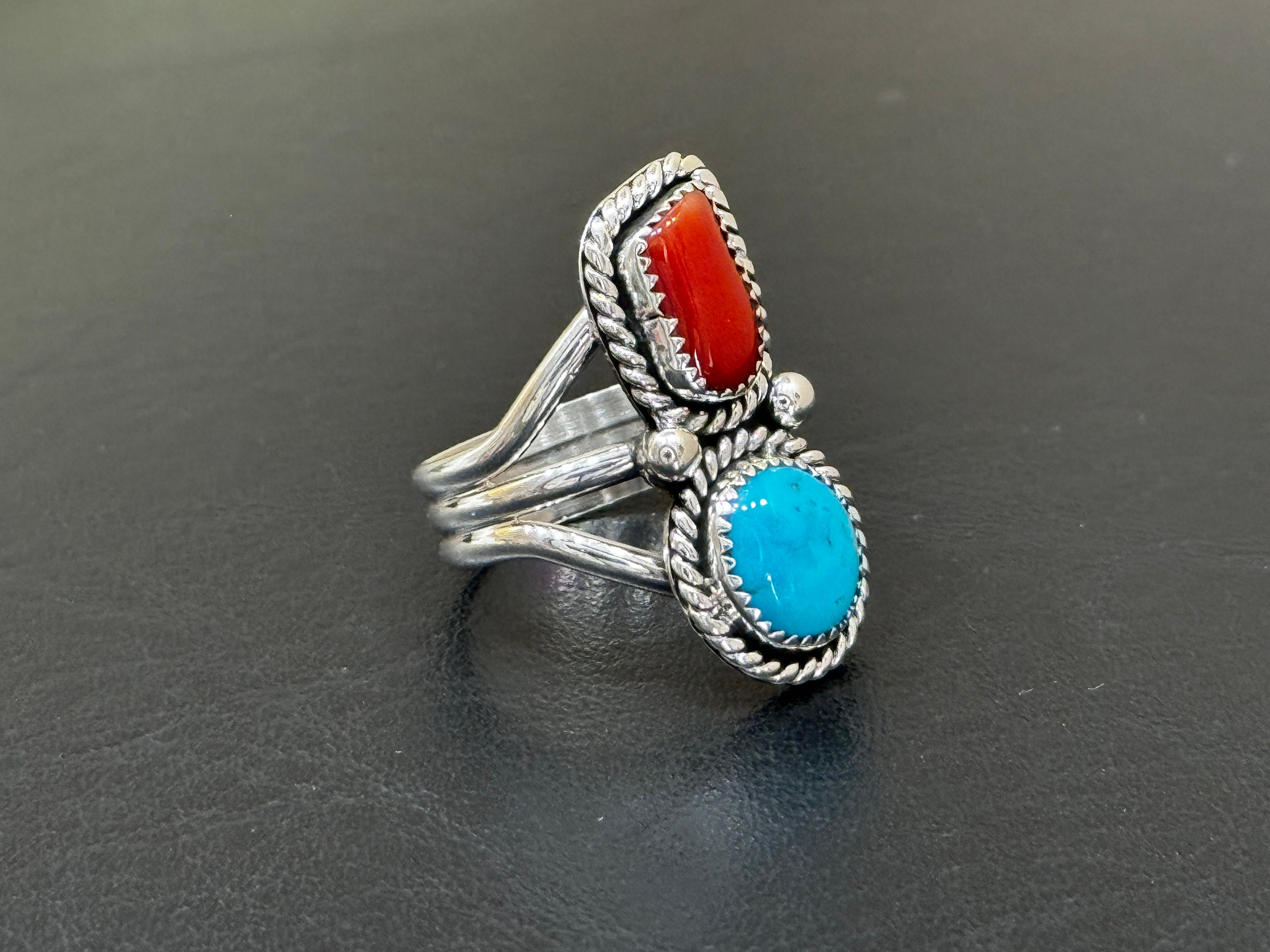 Sleeping Beauty Turquoise With Red Coral Sterling Silver Ring - Etsy