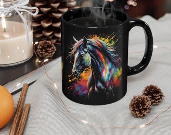 Aquarell Pferd schwarz Becher, Künstlerisches Keramik Trinkgefäß, Tierliebhaber Geschenk Teetasse