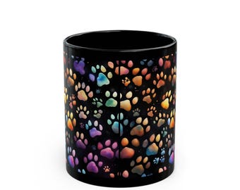 Aquarell Pfotenabdruck Schwarze Tasse, Bunte Hundeliebhaber Kaffeetasse