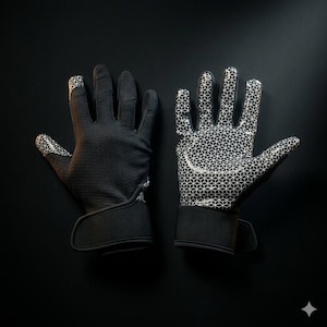Puede incluir: Un par de guantes negros con una superficie texturizada. Las palmas y las puntas de los dedos presentan un patr&oacute;n geom&eacute;trico blanco. Los guantes tienen una correa de mu&ntilde;eca con cierre de velcro. El fondo es negro.