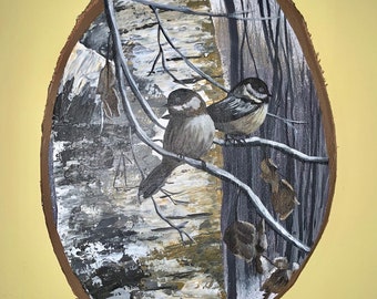 Winteb birds on wood slice - hand painted wall decor art