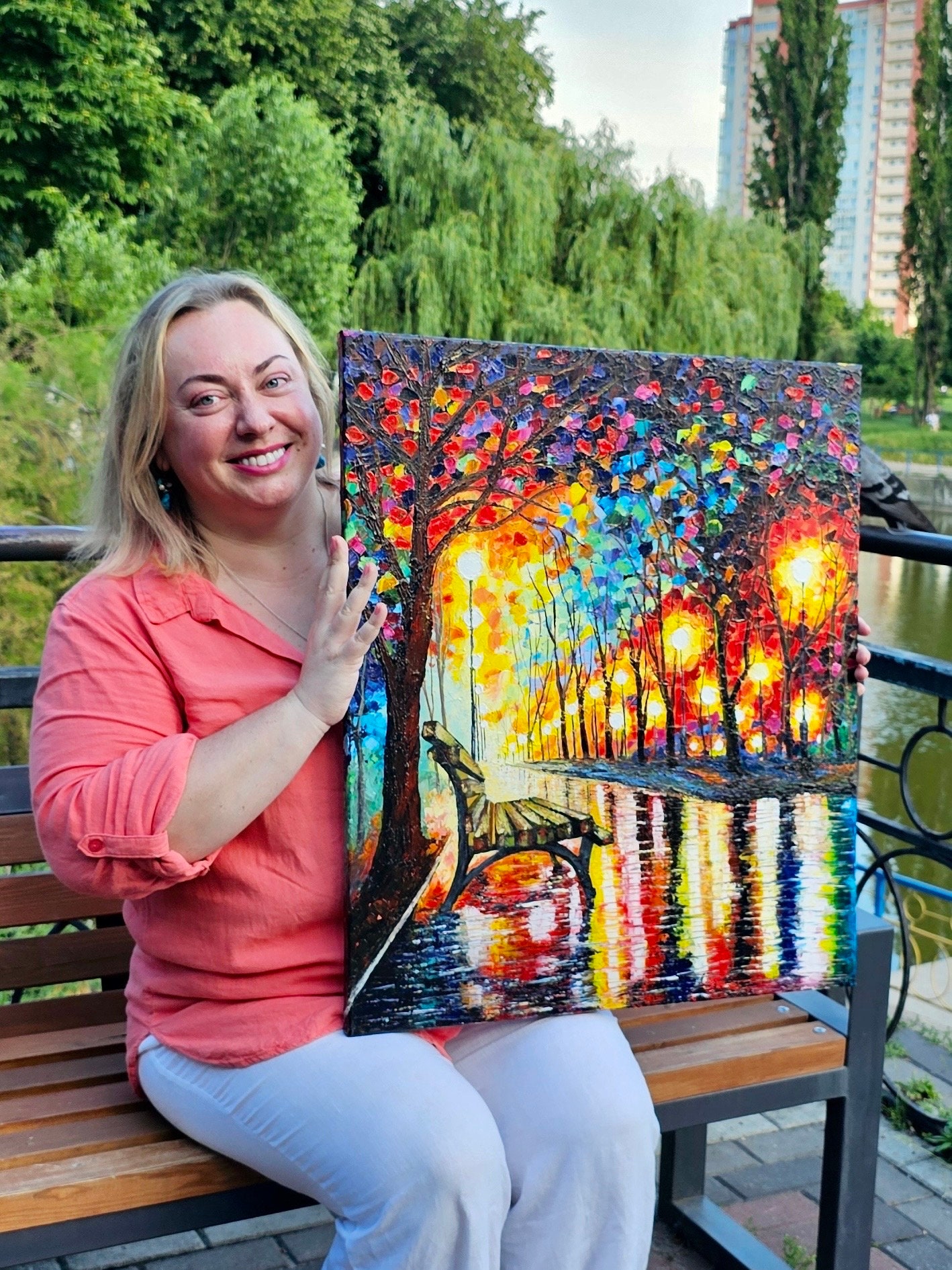 Colorful Park Bench at Sunset - Original Palette Knife Painting on Canvas