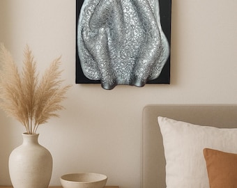 Silver Lace Texture 3D Wall Art on Canvas – Modern Relief Sculpture in AirDry Clay –Unique Handmade Metallic Wall Decor – 8x8 inch (20x20cm)