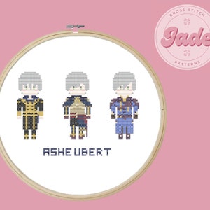 Puede incluir: Patrón de punto de cruz con tres personajes pixelados de Ashe, un personaje de la serie Fire Emblem, con diferentes atuendos. El patrón se titula "Ashe Ubert" y es de la tienda Jade Patterns.