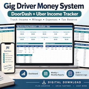 Può includere: Un sistema digitale di monitoraggio dei guadagni per autisti DoorDash e Uber. Il display mostra una dashboard con KPI annuali, riepiloghi mensili e confronti tra piattaforme, inclusi registri dei turni e rapporti sui guadagni settimanali.