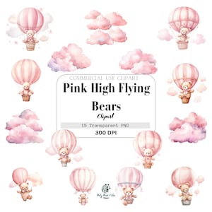 Rosa Hochfliegende Bären, Aquarell, Teddybären, Luftballons, kommerzielle Nutzung, Vorlage Clipart