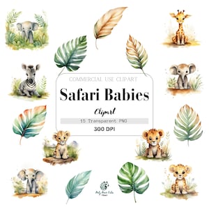Safari Babies, acquerello, Safari, foglie, uso commerciale, clipart modello