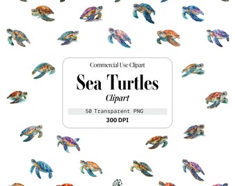 Sea Turtles Clipart Set, Watercolor PNG Files for Commercial Use, Marine Life, Ocean, Turtle
