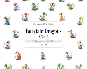 Fairytale Dragons, Watercolor, Compositions, Commercial Use, Template Clipart