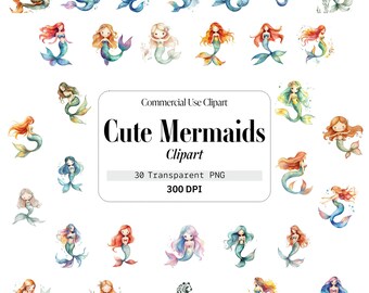 Cute Mermaids, Watercolor, Compositions, Commercial Use, Template Clipart