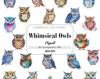 Whimsical Owls Watercolor Clipart, 20 Transparent PNG Files, Commercial Use