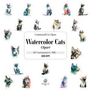 Watercolor Cats, 20 Transparent PNG Clipart Compositions