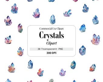 Crystal Clipart Pack, Watercolor PNG Bundle with 30 Transparent Images