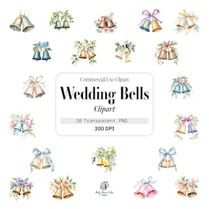 Wedding Bells Watercolor Clipart, 20 Transparent PNG Files, 300 DPI