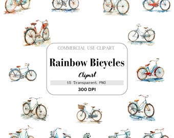 Bicicletas Arco-Íris, Aquarela, Composições, Uso Comercial, Clipart de Modelo
