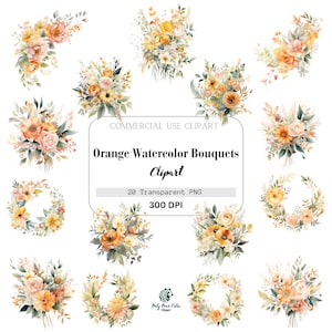 Orange Watercolor Bouquets, Compositions and Wreaths, Commercial Use, Template Clipart