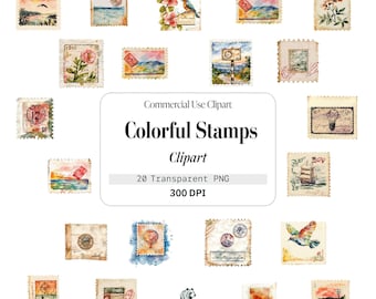 Bunte Briefmarken, Aquarell, Kompositionen, Kommerzielle Nutzung, Vorlage Clipart