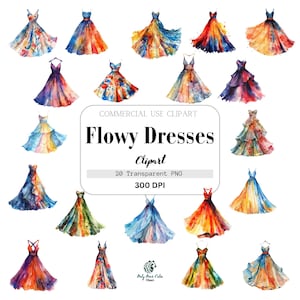Flowy Dresses, Watercolor, Compositions, Commercial Use, Template Clipart
