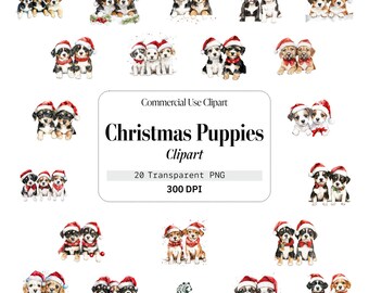 Christmas Puppies Watercolor Clipart, 20 Transparent PNG Files, Commercial Use