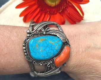 Vintage Navajo Turquoise & Coral Cuff bracelet