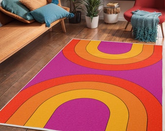 Cool 70's Retro Rug - Mid Century Rug - Pink & Orange Geometric Groovy Rug - Boho Rug