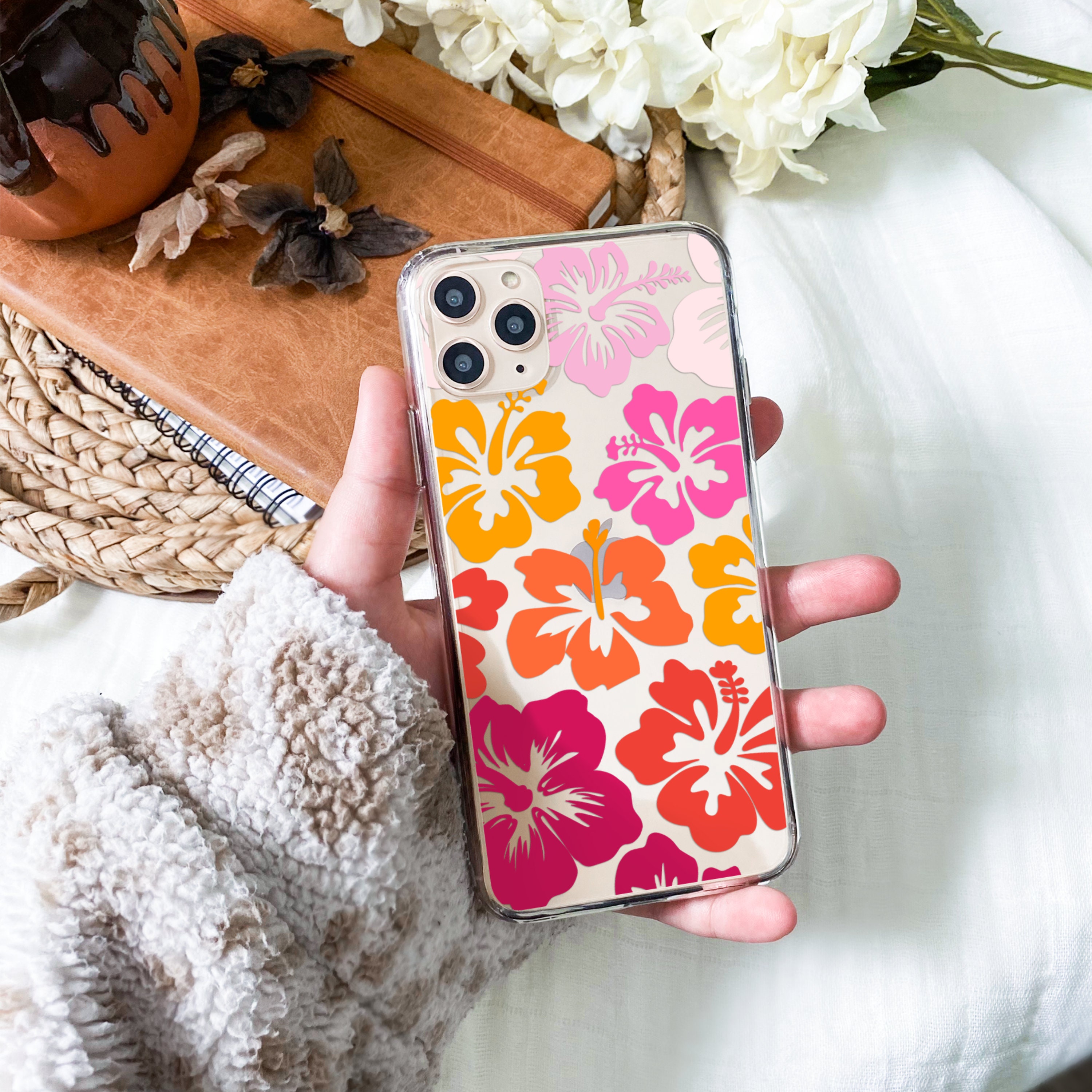 Clear Summer Phone Case With Pink Hibiscus Cute Cool Phone Case for