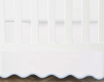 100% White Cotton Sateen Crib skirt scalloped with split corners ; 4-sided skirt fits around the entire crib