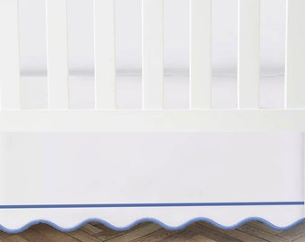 100% White Cotton Sateen Crib skirt scalloped Embroidery with Border with split corners ; 4-sided skirt fits around the entire crib
