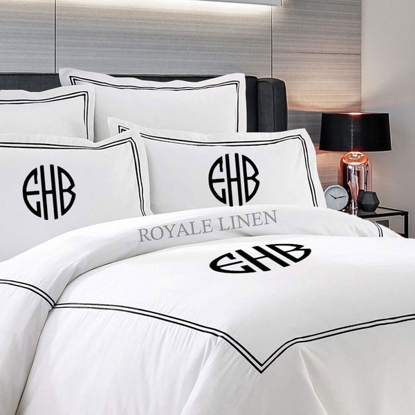 Housse de couette personnalisée en satin de coton 400 fils, monogramme, point d'hôtel, double bordure brodée