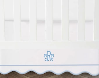 Personalized monogram 100%white Cotton Sateen Crib skirt scalloped with Border with split corners 4-sided skirt fits around the entire crib