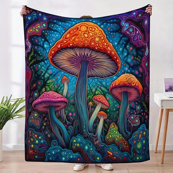 Psychedelic Mushroom Blanket, Cosy Fungi Throw, Mushroom Gift, Soft, Warm, Magic Mushroom Trip Blanket, Throw for Bed or Sofa