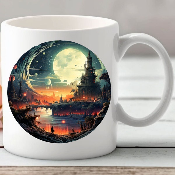 Epic Fantasy Tasse Fantasy Burg 80er Jahre Fantasy Art Commision Fantasy Tasse Magical Moon Tasse Vollmond Schwarz Weiß Tasse