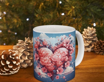 Romantic Valentine's Mug with Heart and Roses - Elegant Ceramic Coffee Cup - Love-themed Gift for Her or Him