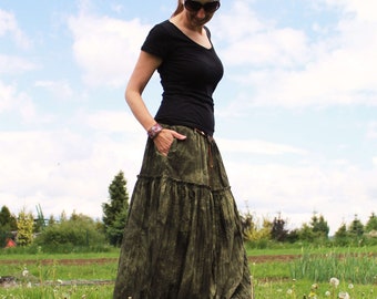 Skirt for women, long skirt, maxi frilled skirt, skirt with pocket, green