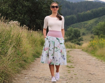 Skirt for women, cotton midi skirt, folded skirt with pocket, pink skirt